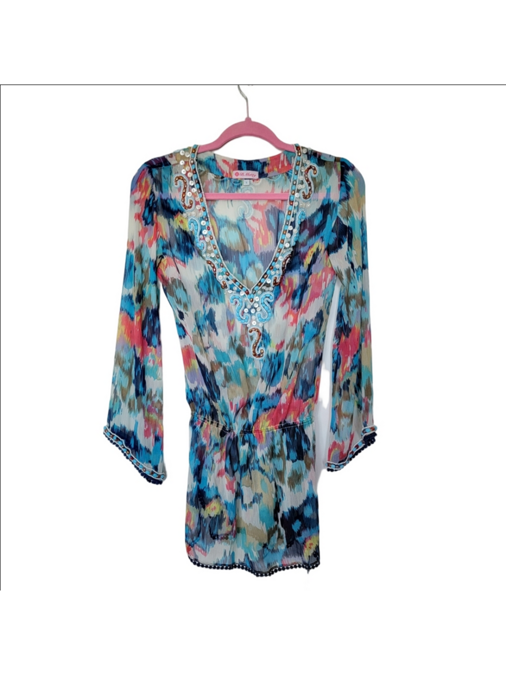 B Matty Silk Beaded Colorful V-Neck Women's Top Indie